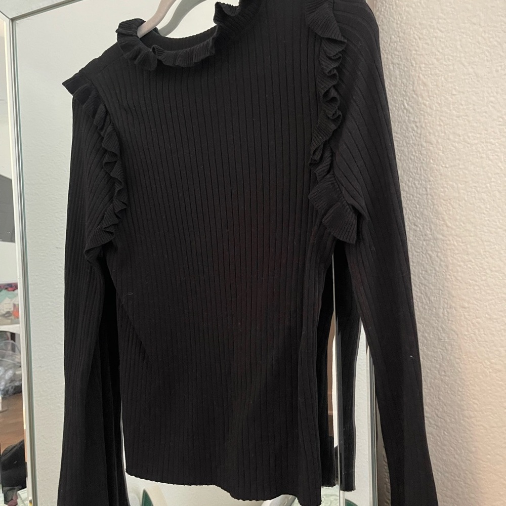 Line & Dot Black Ruffled Women's mock neck long sleeve top